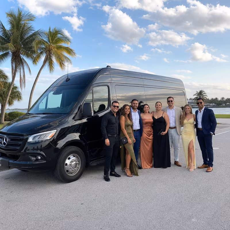 Group beside a Mercedes Sprinter limo from the Fort Myers fleet