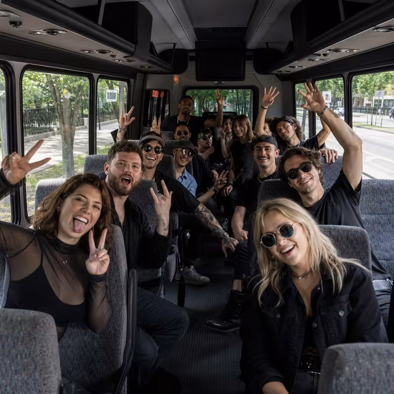 Party bus interior with wraparound leather seating and LED lighting in Fort Myers