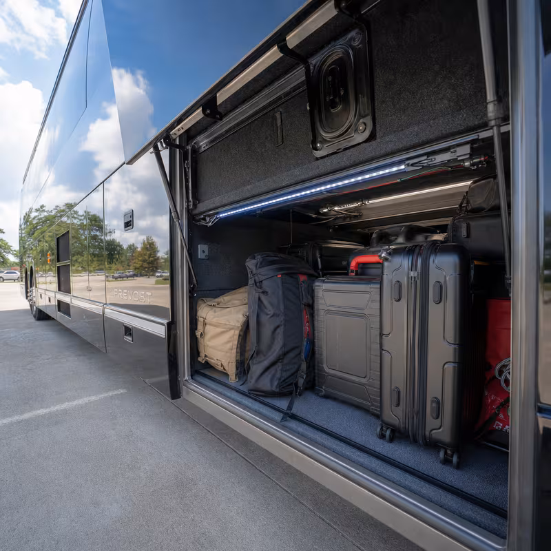Party bus interior with wraparound leather seating and LED lighting in Fort Myers