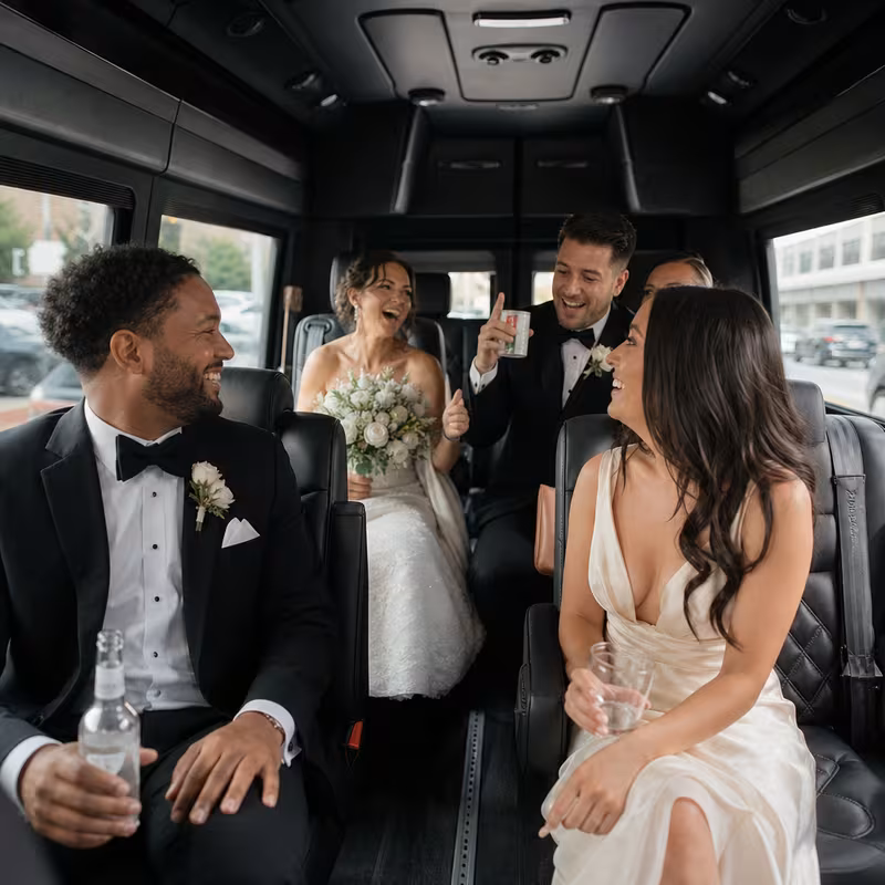 Black Mercedes Sprinter van staged for an Fort Myers Wedding Transportation group